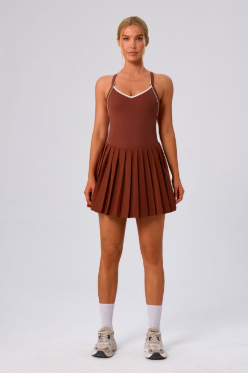 Women's Color Block V-Neck Cross-Back Pleated Tennis Dress