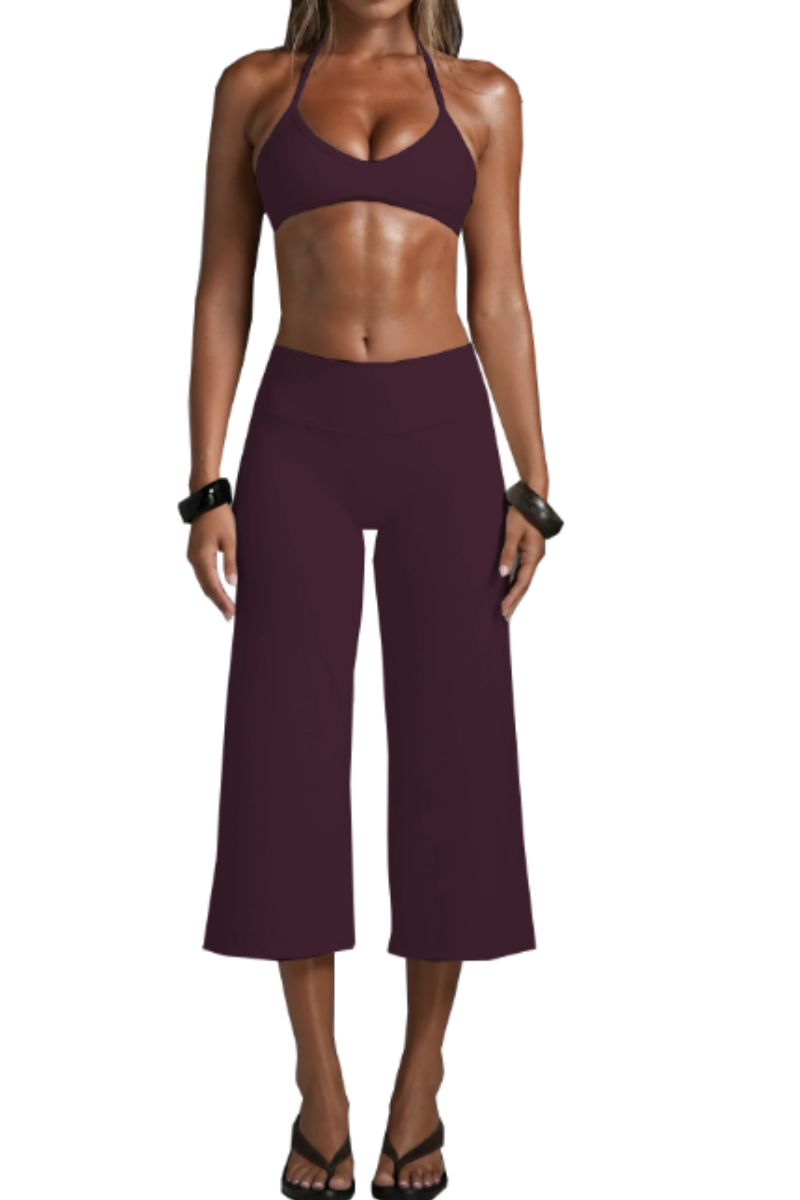 Women's Halter V-Neck Triangle Cup Sports Bra & High-Waist 7/8 Wide-Leg Yoga Pants Set