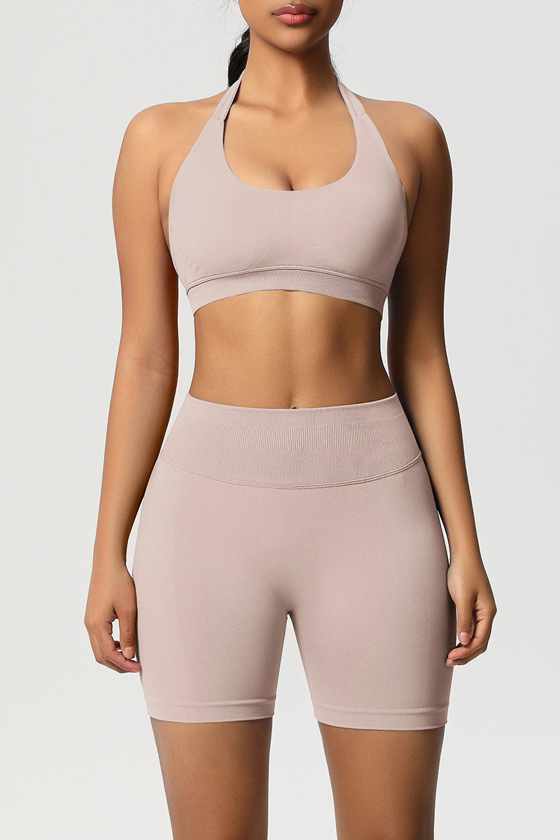 Women Halter Neck Yoga Set: High-Waisted Sculpting Shorts + Backless Sports Bra