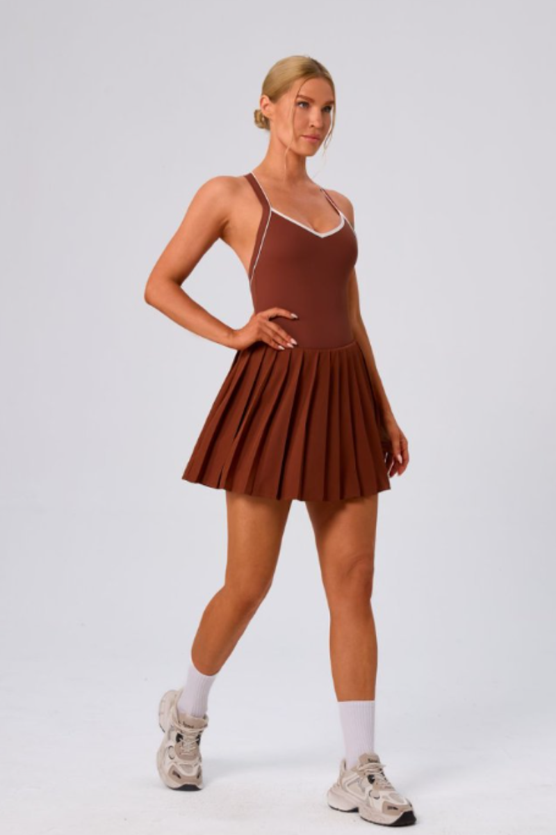 Women's Color Block V-Neck Cross-Back Pleated Tennis Dress