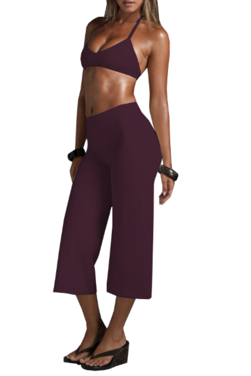 Women's Halter V-Neck Triangle Cup Sports Bra & High-Waist 7/8 Wide-Leg Yoga Pants Set