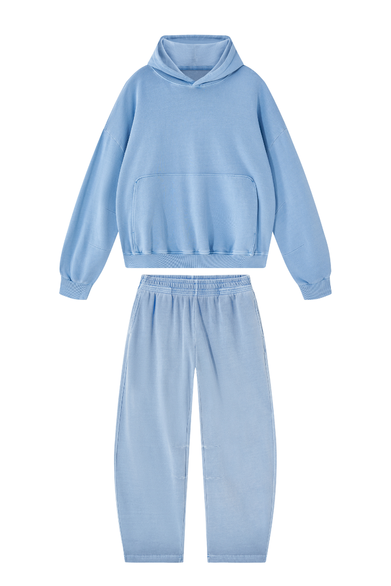 Unisex 100% Cotton Fall Washed Hoodie & Curved Sweatpant Set