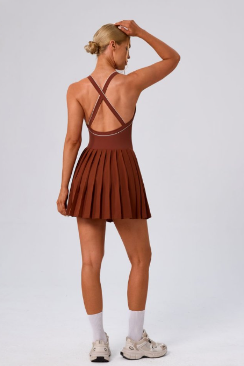 Women's Color Block V-Neck Cross-Back Pleated Tennis Dress