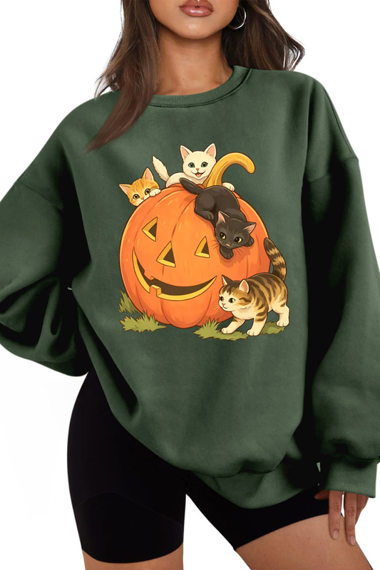 Women's Fall Halloween Cat Pumpkin Graphic Casual Sweatshirt