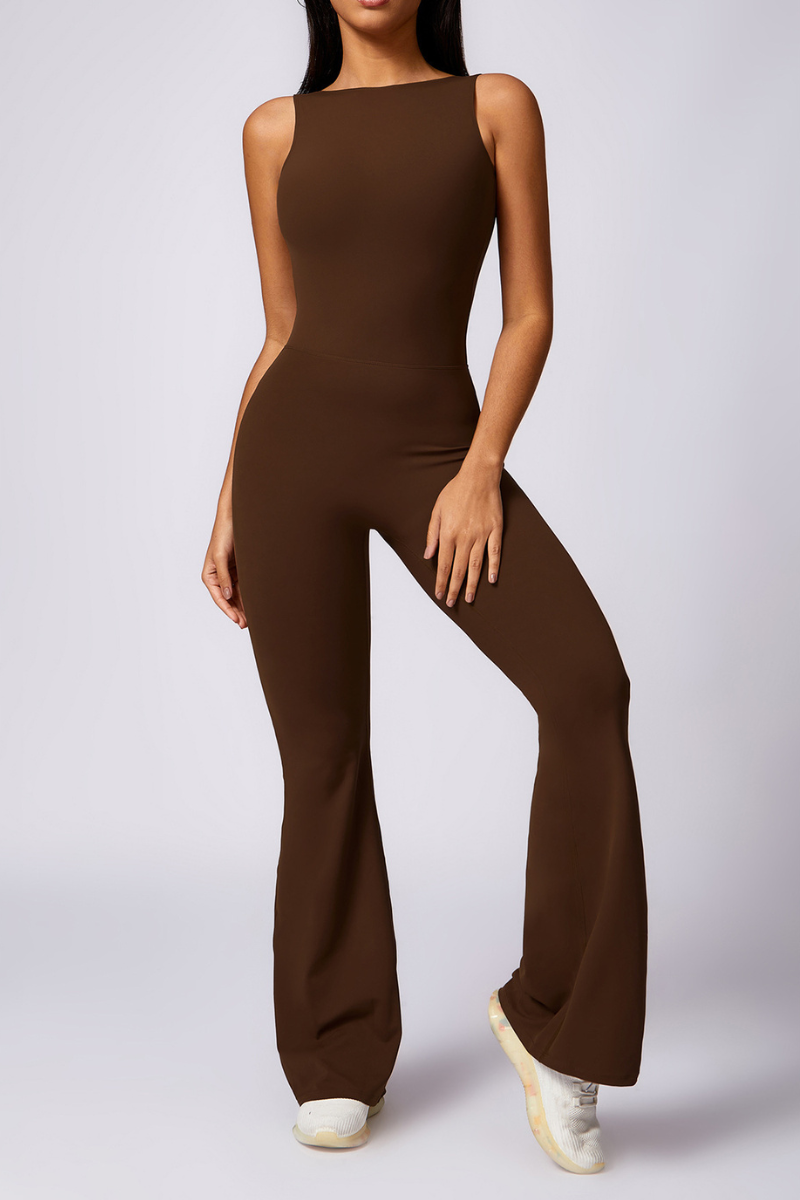 Women Pleated Buttocks Lift Padded Flared Leg Yoga Jumpsuit