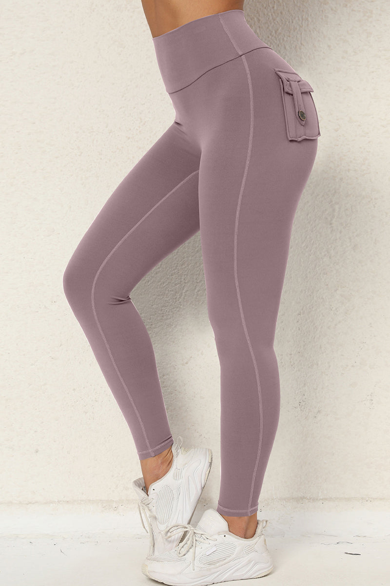 Women Button Work Pocket High Waisted Hip Lifting Stretchy Skinny Yoga Running Fitness Pants
