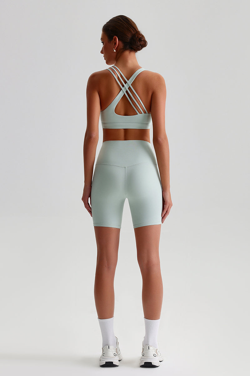 Women Naked Sensation Yoga Shorts Set: Cross-Back Bra + High-Waisted Sculpting Shorts