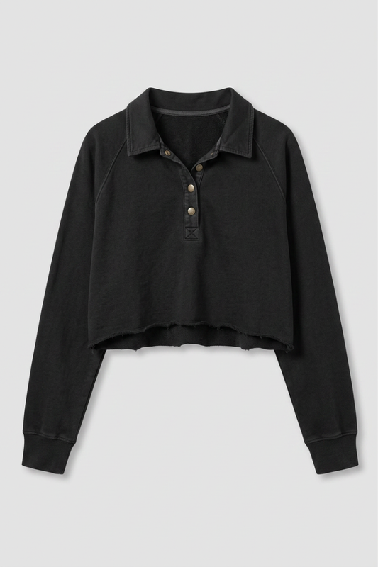 Women's Fall Cropped Collar Half Button Loose Sweatshirt