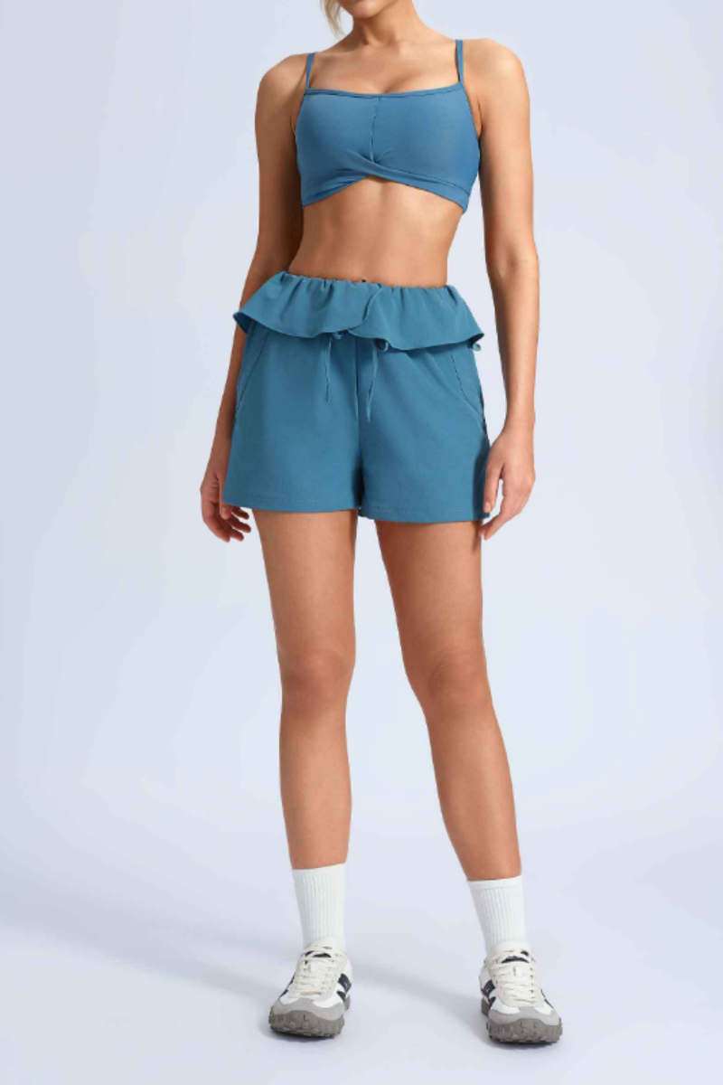 Women's Athletic Sets:Cross Back Bra And  Ruffle Shorts