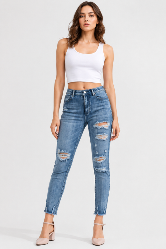 Women's High Waist Distressed Skinny Raw Hem Cropped Jeans