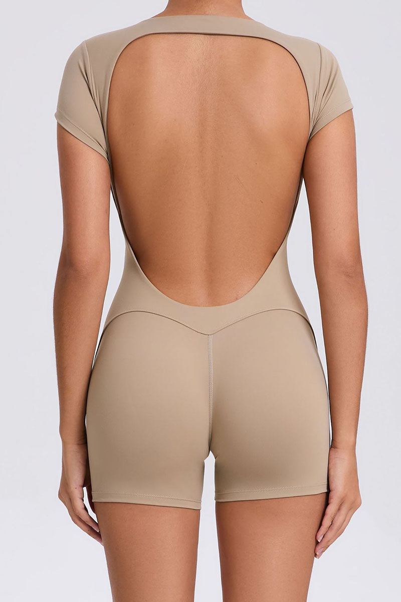 Women Short Sleeve Backless Hip & Tummy Tight Dance Sports Fitness Yoga Bodysuit
