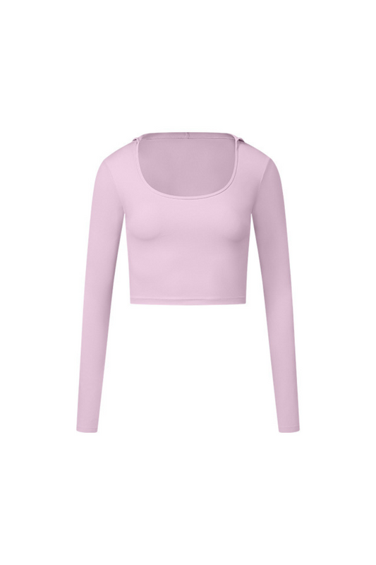 U-Neck Hooded Long-Sleeve Top with Naked Feel Fabric