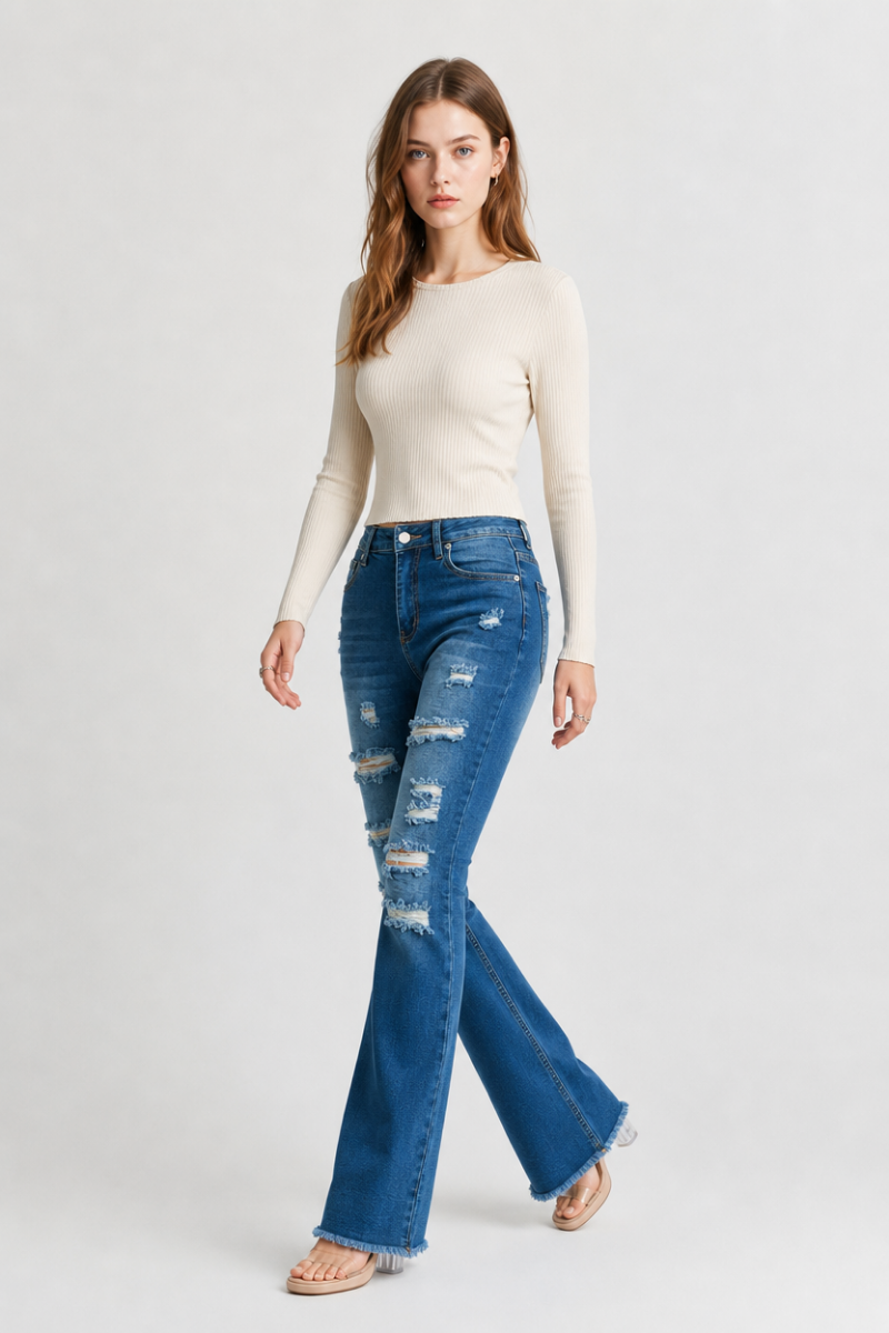 Women's Distressed Ripped Frayed Hem Stretch Flare Jeans