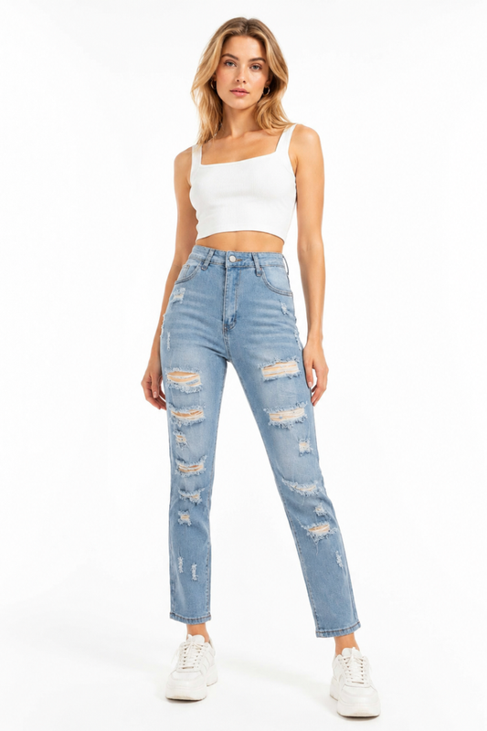 Women's High Waist Distressed Ripped Stretch Jeans