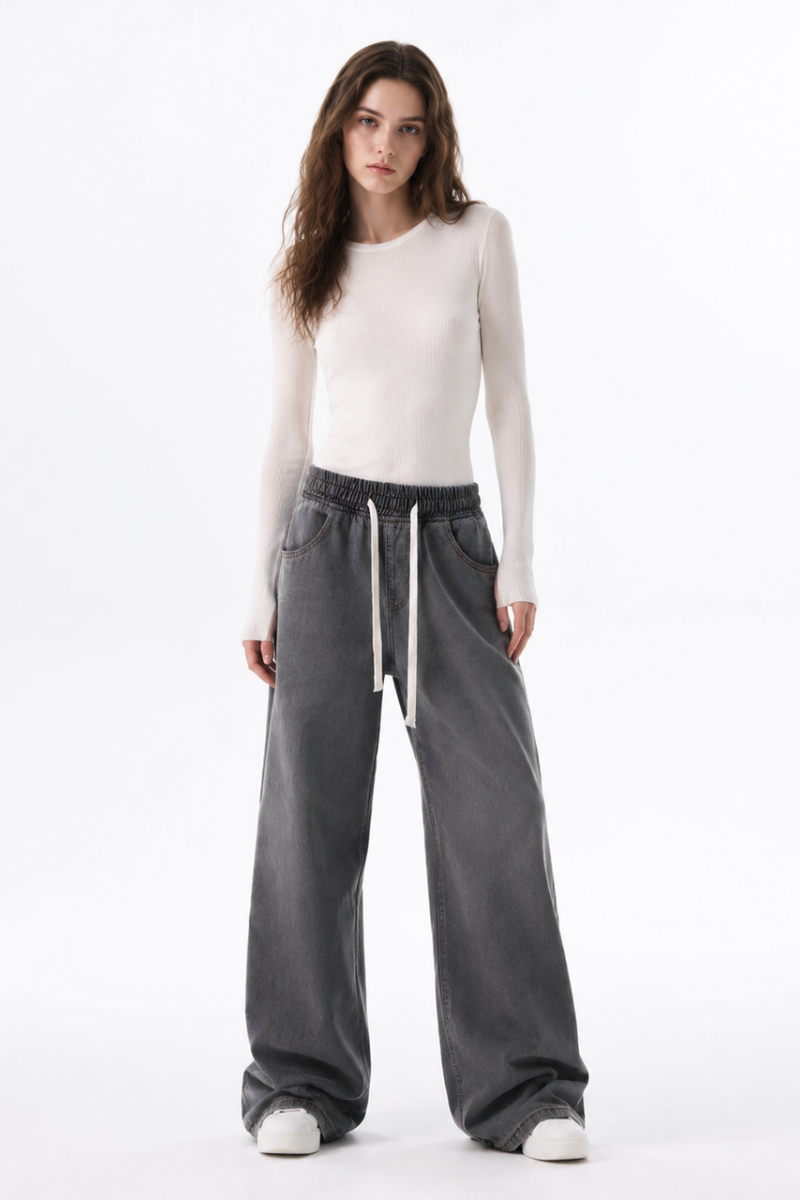 Women's Fall Drawstring Waist Side Pocket Wide Leg Jeans