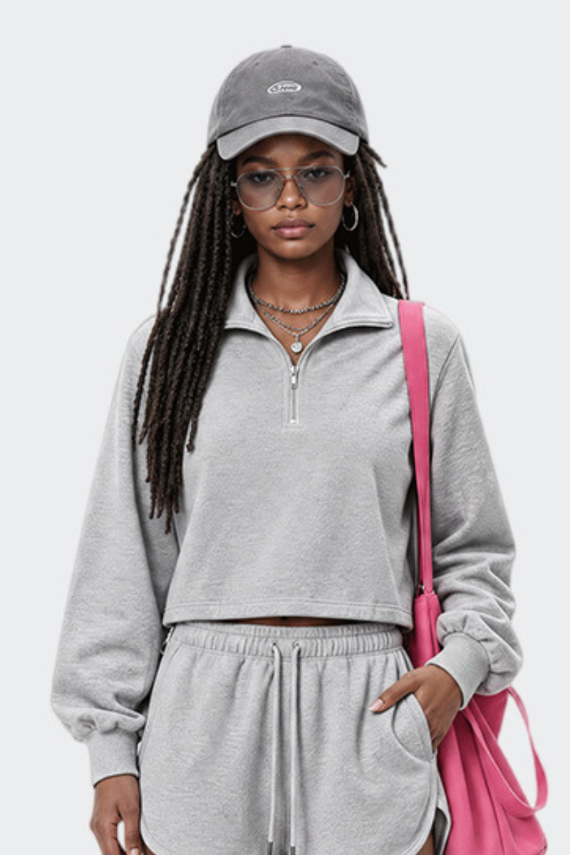 Women's Half Zip Stand Collar Cropped Drawstring Sweatshirt