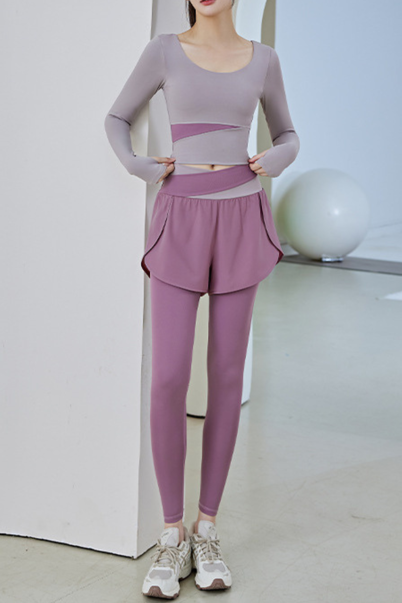 Women's Athletic Sets:Long Sleeve Top& 2-in-1 Shorts Leggings