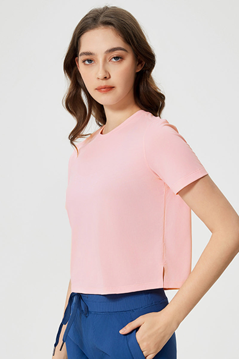Women Round Neck Cropped Loose Quick-Dry Cool Touch Yoga Workout T-Shirt