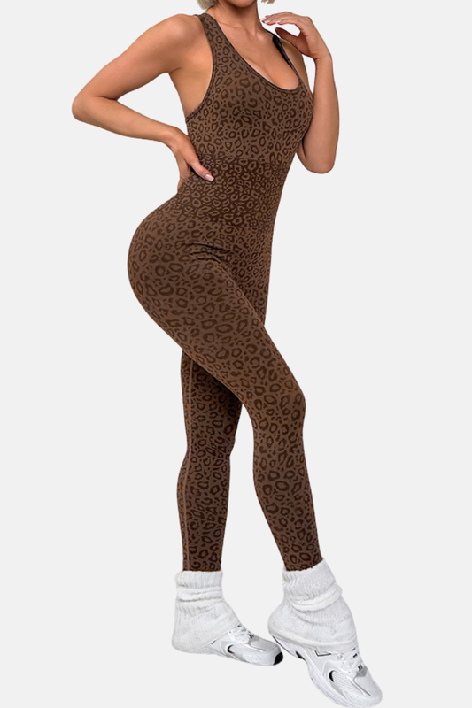Women's Leopard Print Square Neck Crisscross Back Jumpsuit