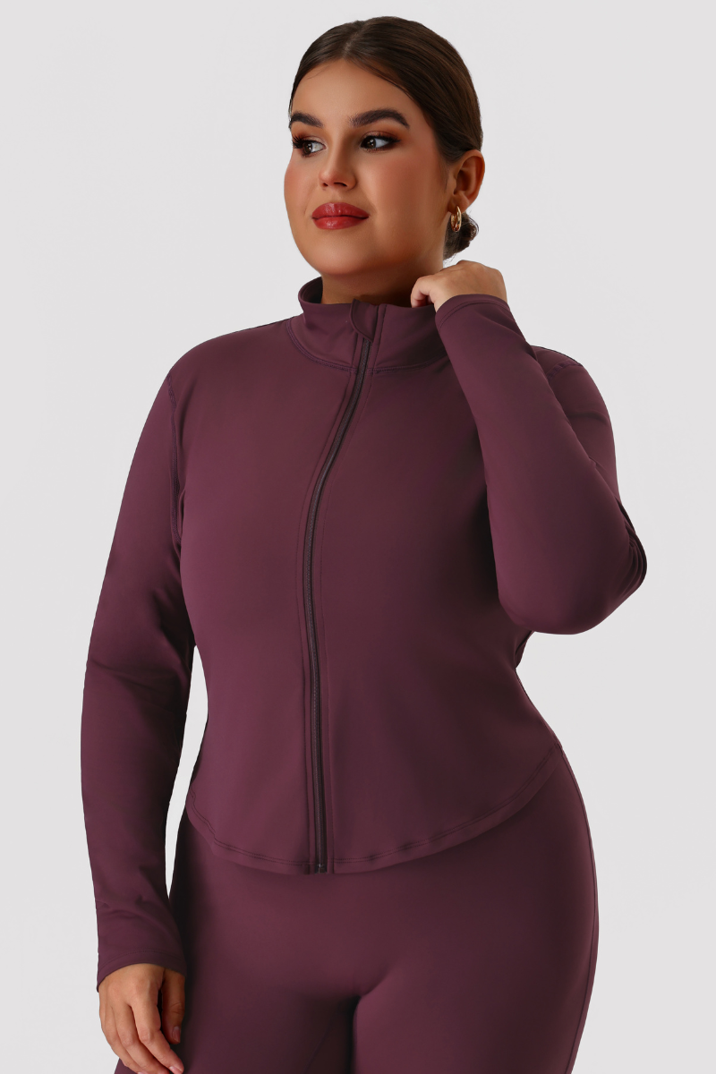 Plus Size Women's Mock Neck Curved Hem Long Sleeve Yoga Jacket