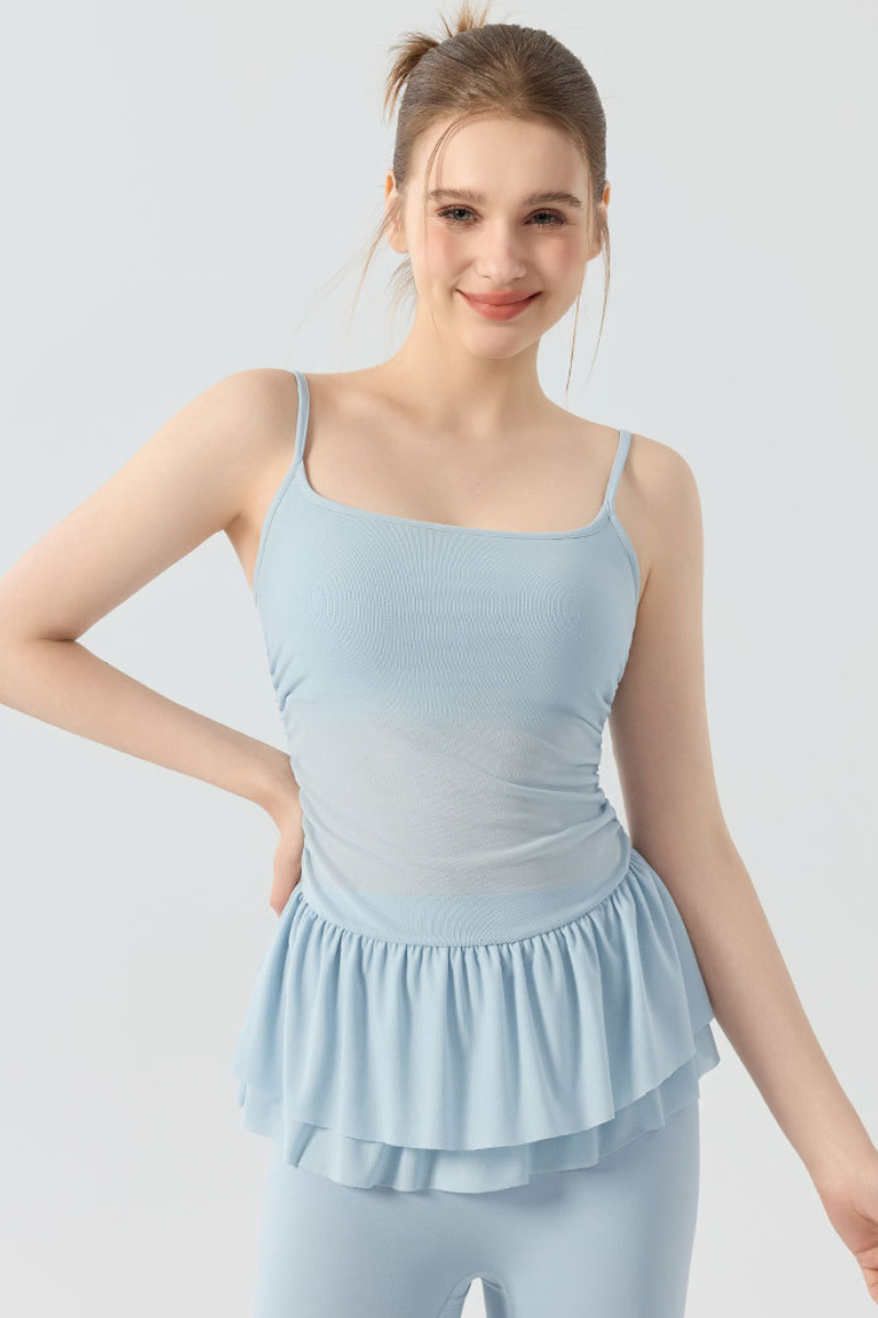 Women's Double Ruffle Hem Mesh Ruched Waist Yoga Cami
