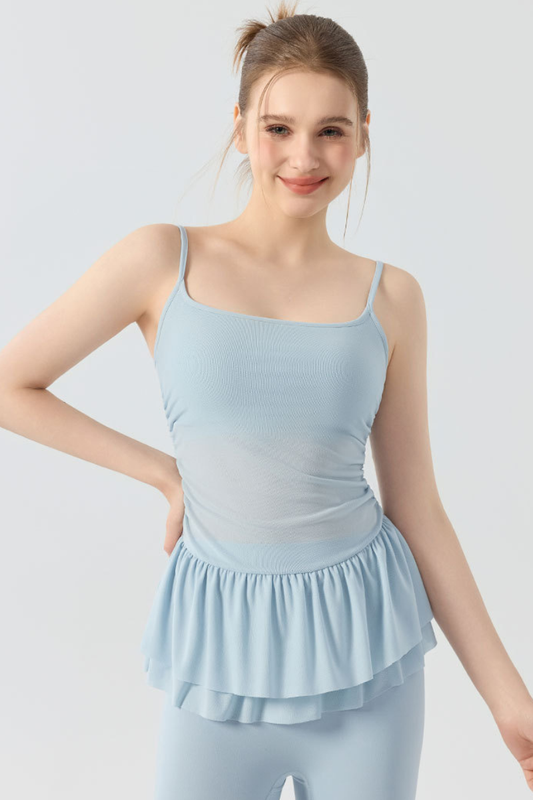 Women's Double Ruffle Hem Mesh Ruched Waist Yoga Cami