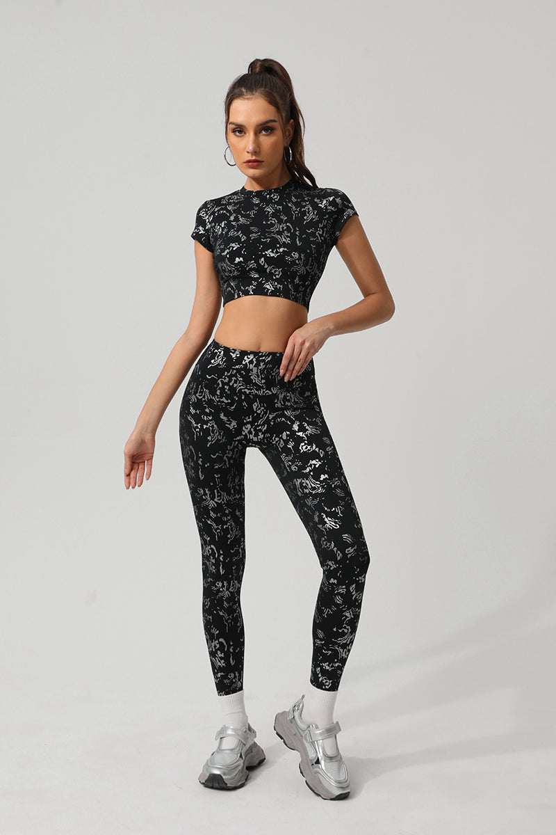 Women Gold Foil Fabric Sports T-Shirts + Yoga Sports Leggings