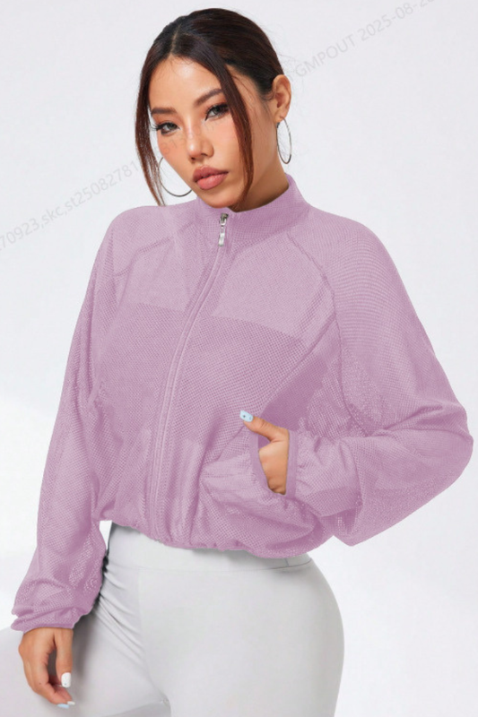 Women's Mock Neck Full Mesh Sheer Cropped Zip-Up Jacket