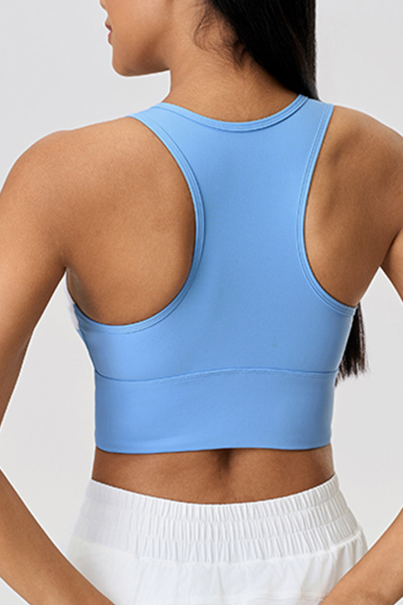 Women Color Block Short Built-In Bra Sculpting Cross Back Yoga Sports Tank Top