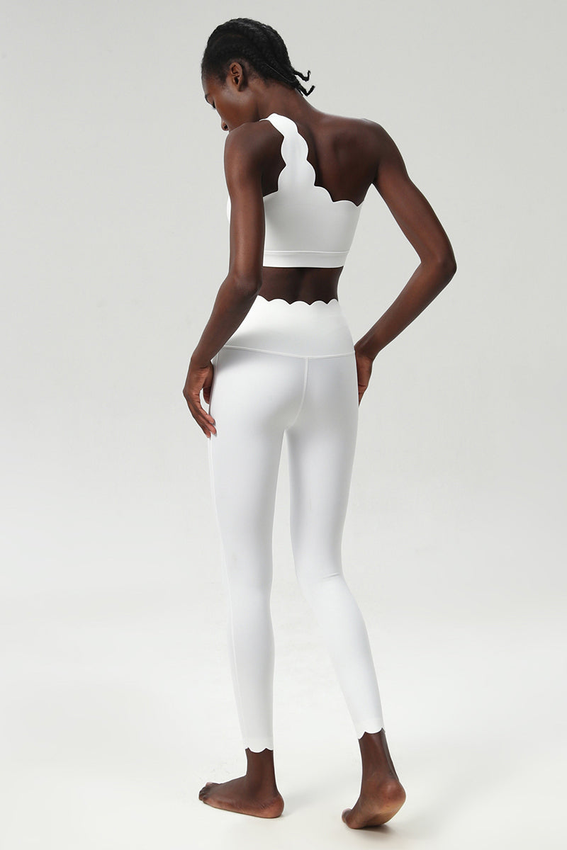 Women Wave Hem Liquid Yoga Set - One-Shoulder Bra & Sculpting Leggings
