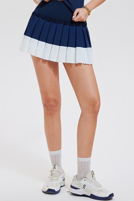 Women's Navy White Color Block Pleated Tennis Mini Skort