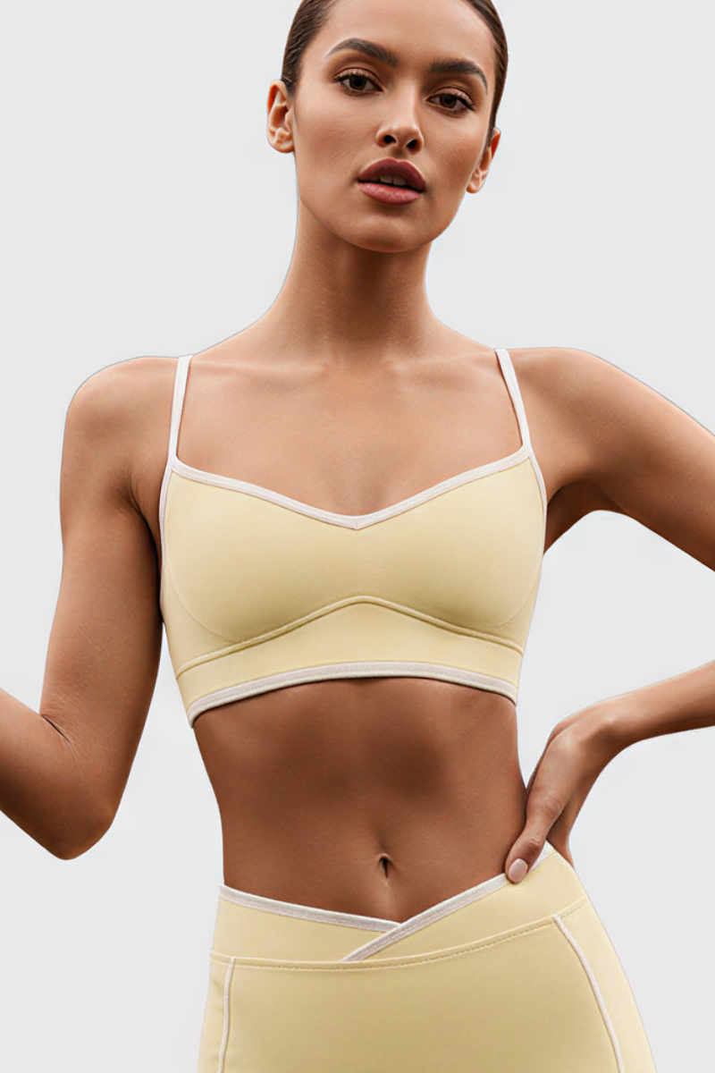 Women's Nude Color-Blocking Thin Strap V-neck Sports Bra