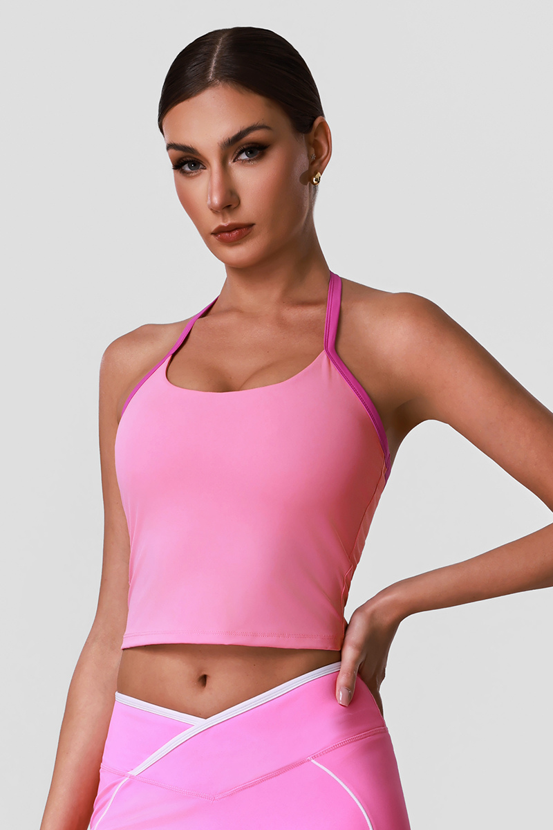Women's Athletic Color-Block Halter Neck Crpped Tank Top