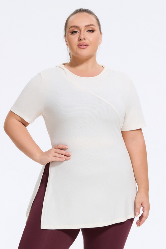 Plus Size Women's Ribbed Slit Yoga  Hooded T-Shirt
