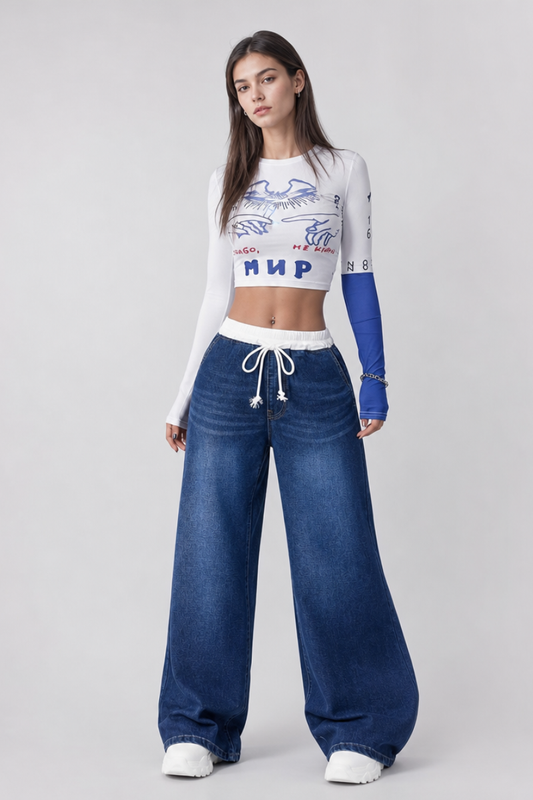 Women's Drawstring Waist Wide Leg Jeans