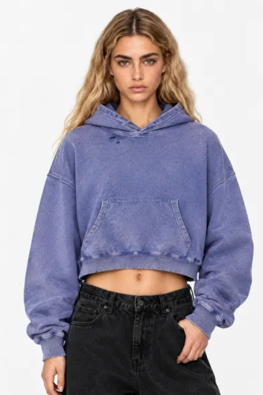 Women's Fall Cropped 100% Cotton Snow Washed Kangaroo Pocket Hoodie