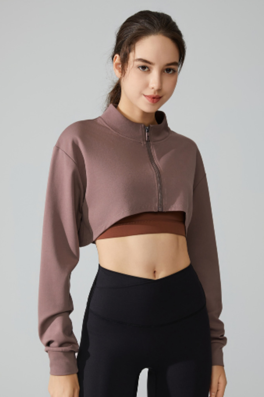 Women's Mock Neck Full Zip Cropped Loose Athletic Jacket