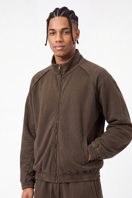 Men's Fall  100% Cotton Washed Faded Raw Edge Zip Up Jacket