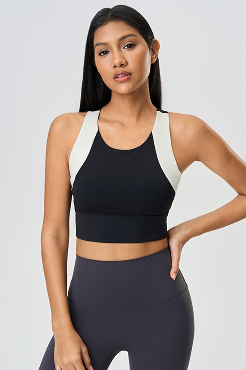 Women Color Block Short Built-In Bra Sculpting Cross Back Yoga Sports Tank Top