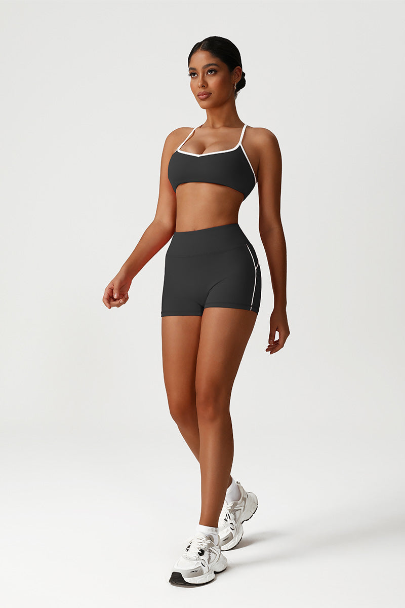 Women Seamless High Waisted Workout Set: Cross Back Sports Bra + Peach Lifting Shorts