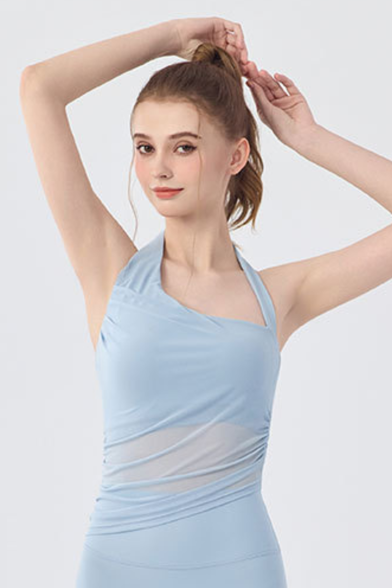 Women's Asymmetric Diagonal Halter Padded Mesh Yoga Tank Top