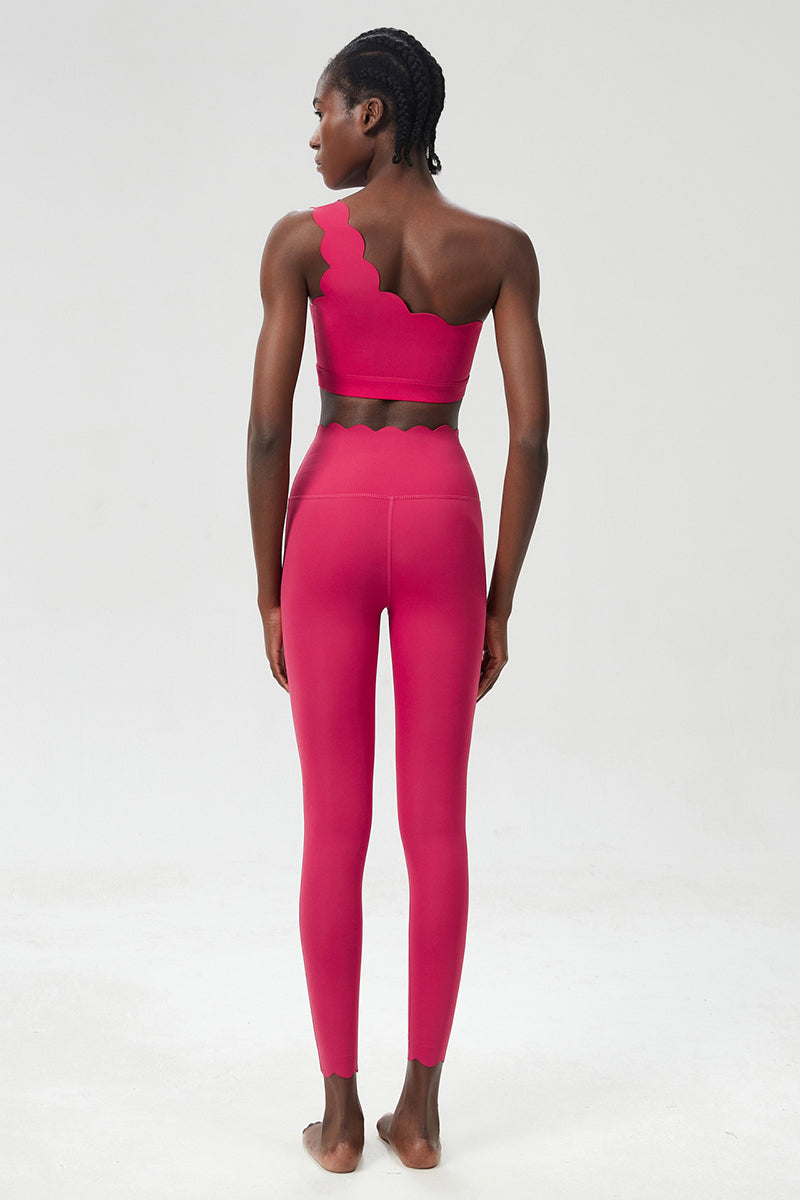 Women Wave Hem Liquid Yoga Set - One-Shoulder Bra & Sculpting Leggings