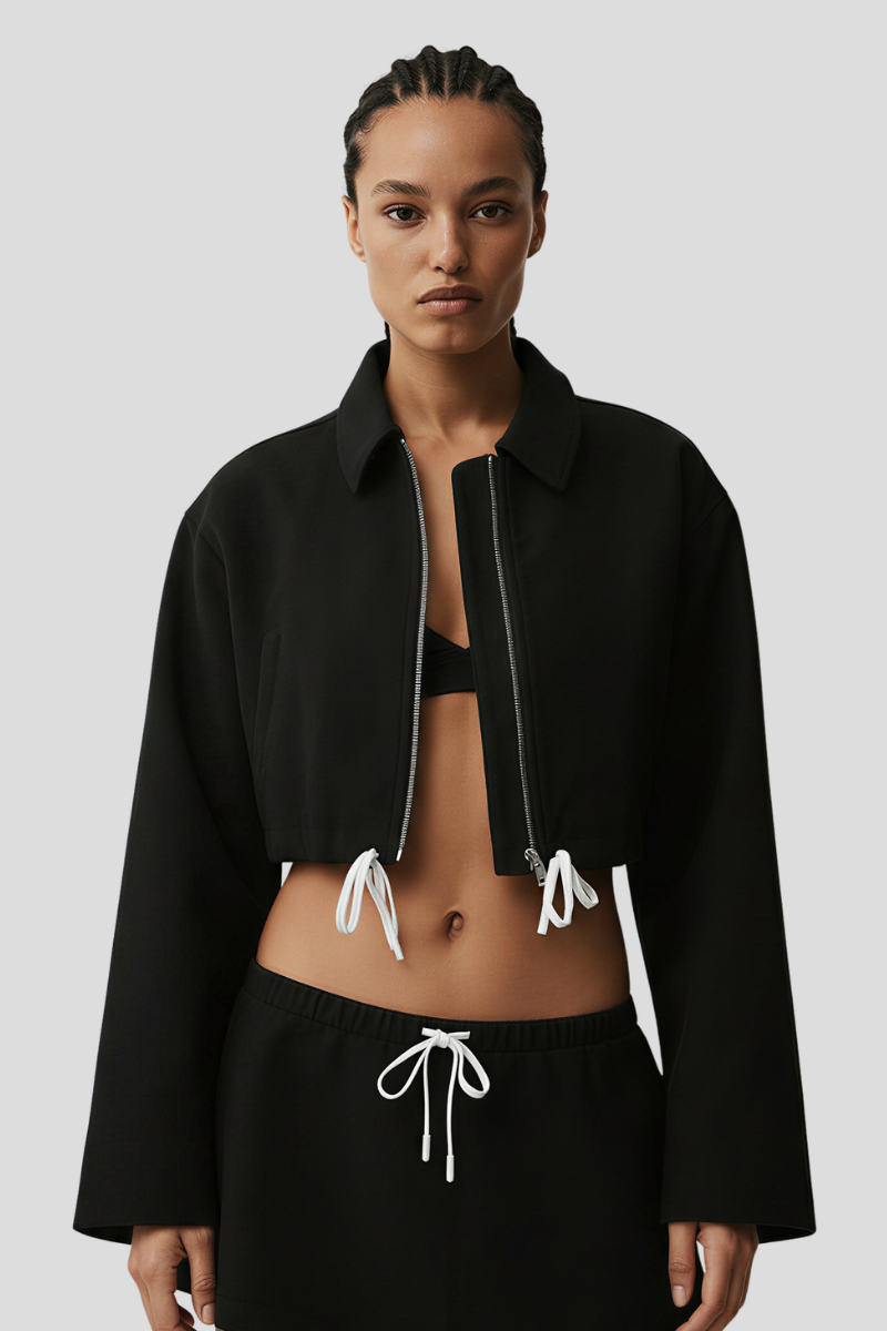 Women's Lapel Zipper Cropped Drawstring Jacket