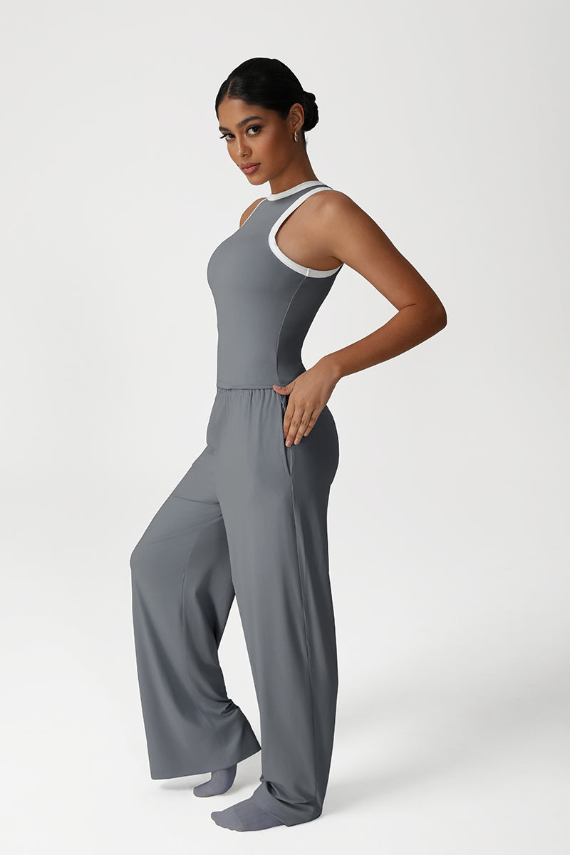 Women Loose-Fit Straight-Leg Yoga Set: Tank Top + Wide-Leg Pants
