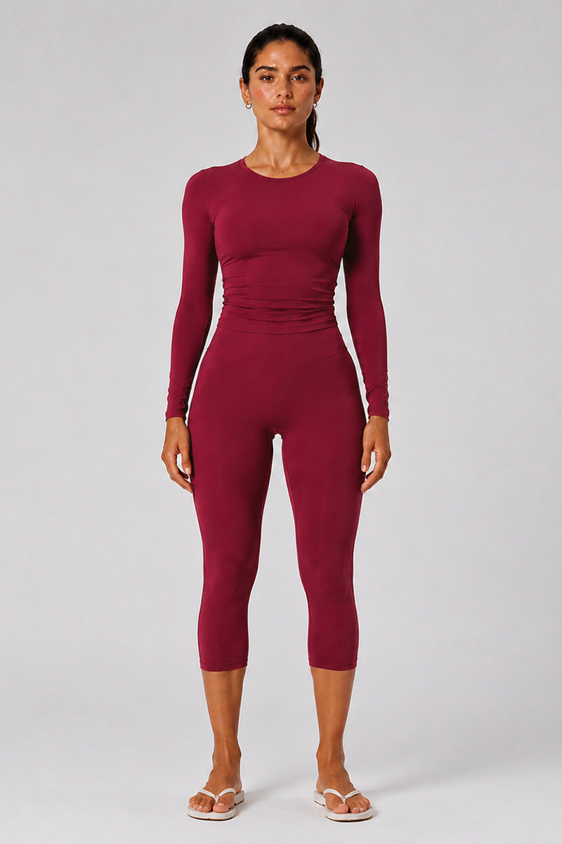 Women's Brushed Crew Neck Long Sleeve T-shirt And Capri Yoga Set