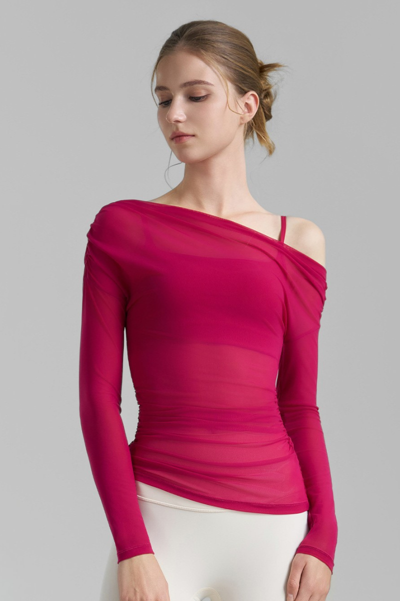 Women's Asymmetric  Shoulder Sheer Mesh Long Sleeve Yoga Top