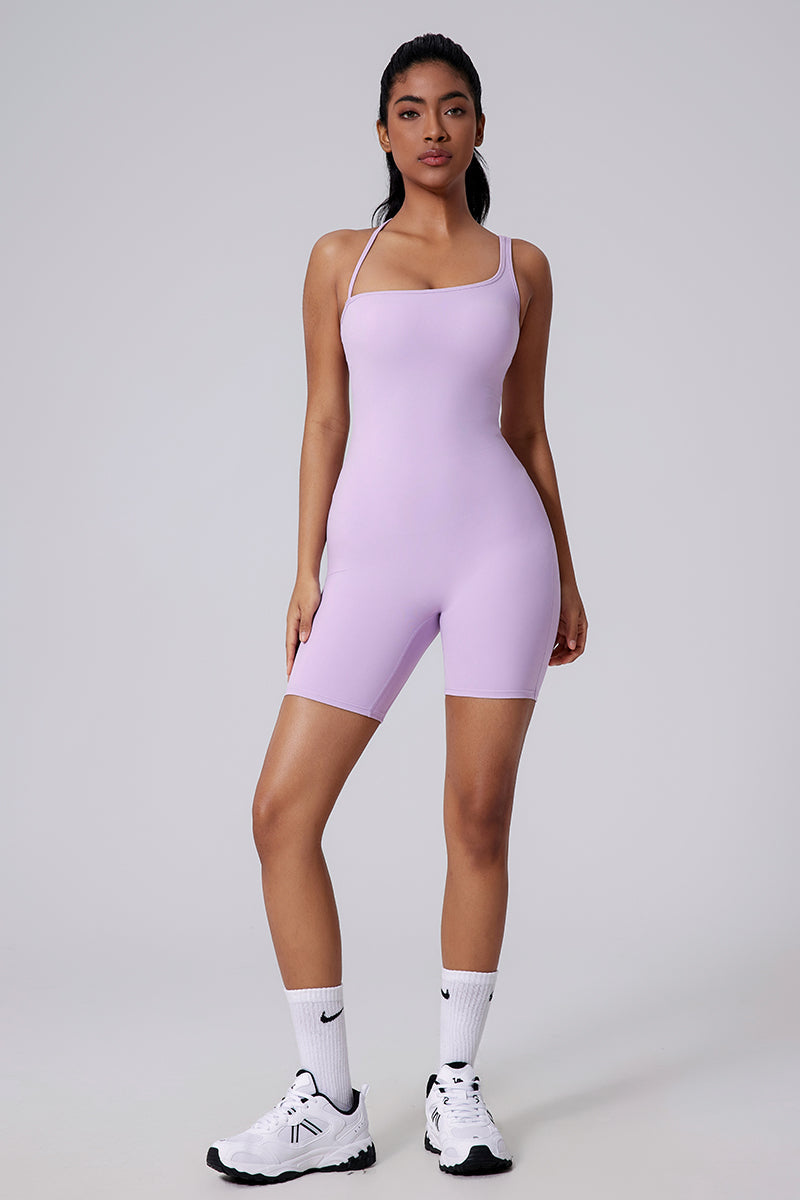 Women Asymmetric Back Cutout Ruching Butt-Lift Yoga Dance Built-In Shorts Bodysuit