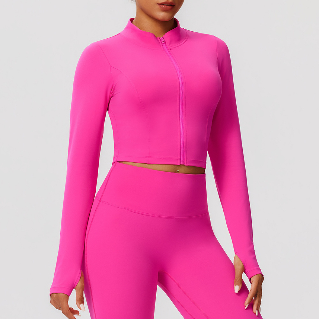 Women's Mock Neck Zipper Cropped Finger Cuffs Sports Jacket