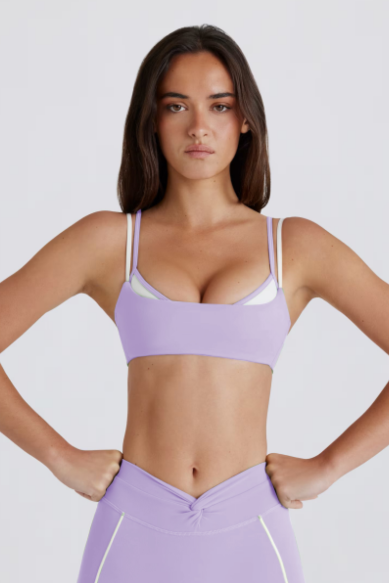 Women's Color-Block Double Thin Strap Twist Back Yoga Bra