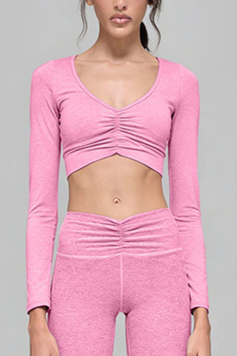 Women's Athletic V-Neck Ruched Cropped Long-Sleeve Top